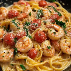 Creamy one-pot shrimp linguine served in a bowl with herbs and Parmesan cheese.