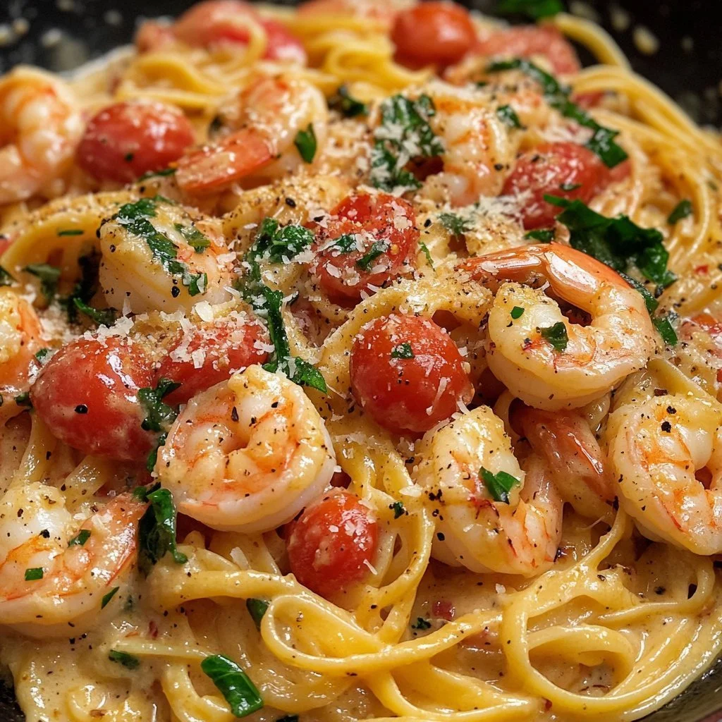 Creamy one-pot shrimp linguine served in a bowl with herbs and Parmesan cheese.