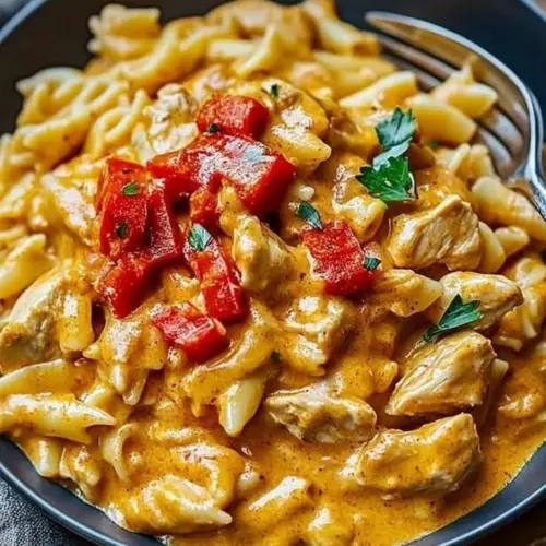 Creamy paprika chicken pasta dish garnished with fresh herbs and served in a bowl.
