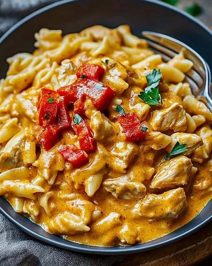 Creamy paprika chicken pasta dish garnished with fresh herbs and served in a bowl.