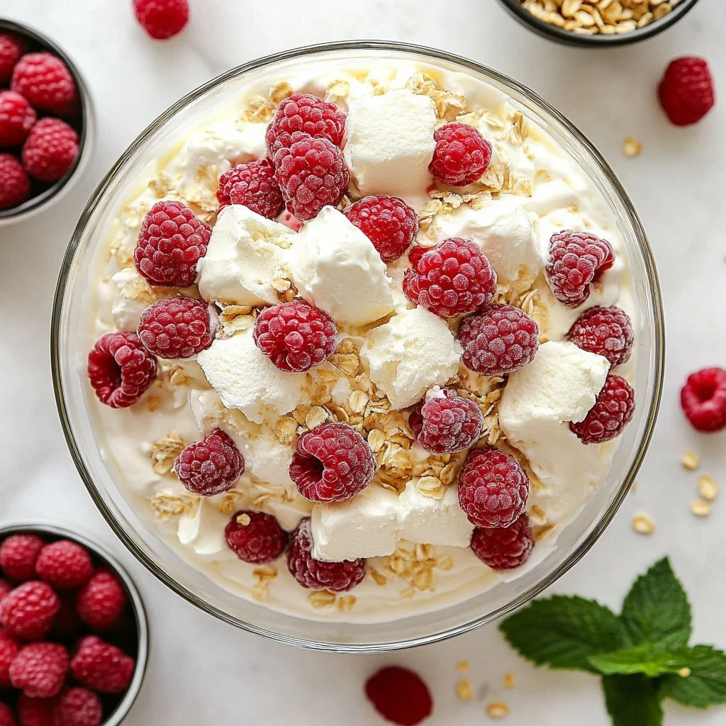 Creamy raspberry trifle with layers of white chocolate and fresh raspberries