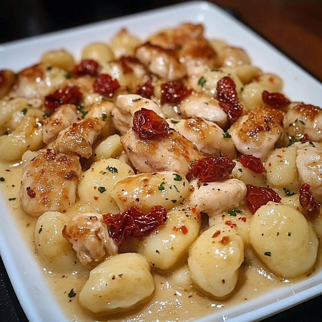 Creamy skillet chicken gnocchi dish served in a pan