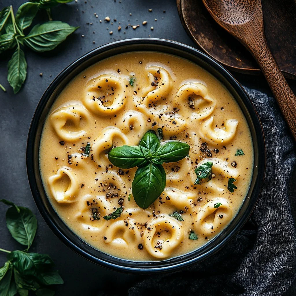 A bowl of creamy slow cooker tortellini topped with fresh herbs