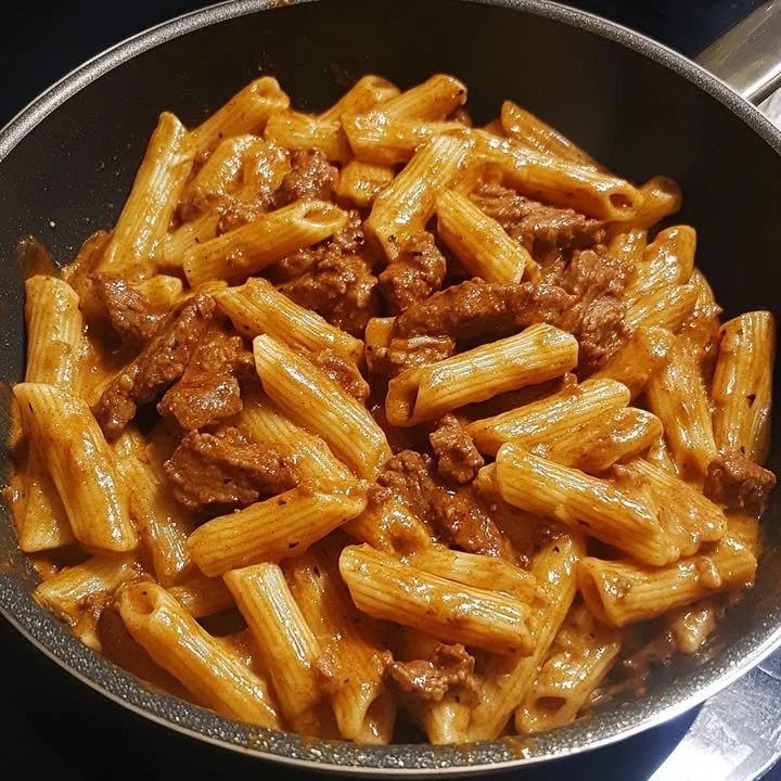 Creamy Sweet Spicy Beef Pasta dish garnished with herbs.