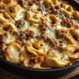 Delicious creamy tortellini casserole topped with cheese and herbs