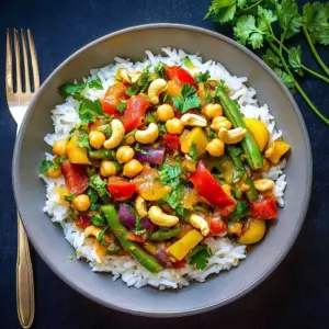 Creamy vegan Thai yellow curry with fresh vegetables and aromatic spices.
