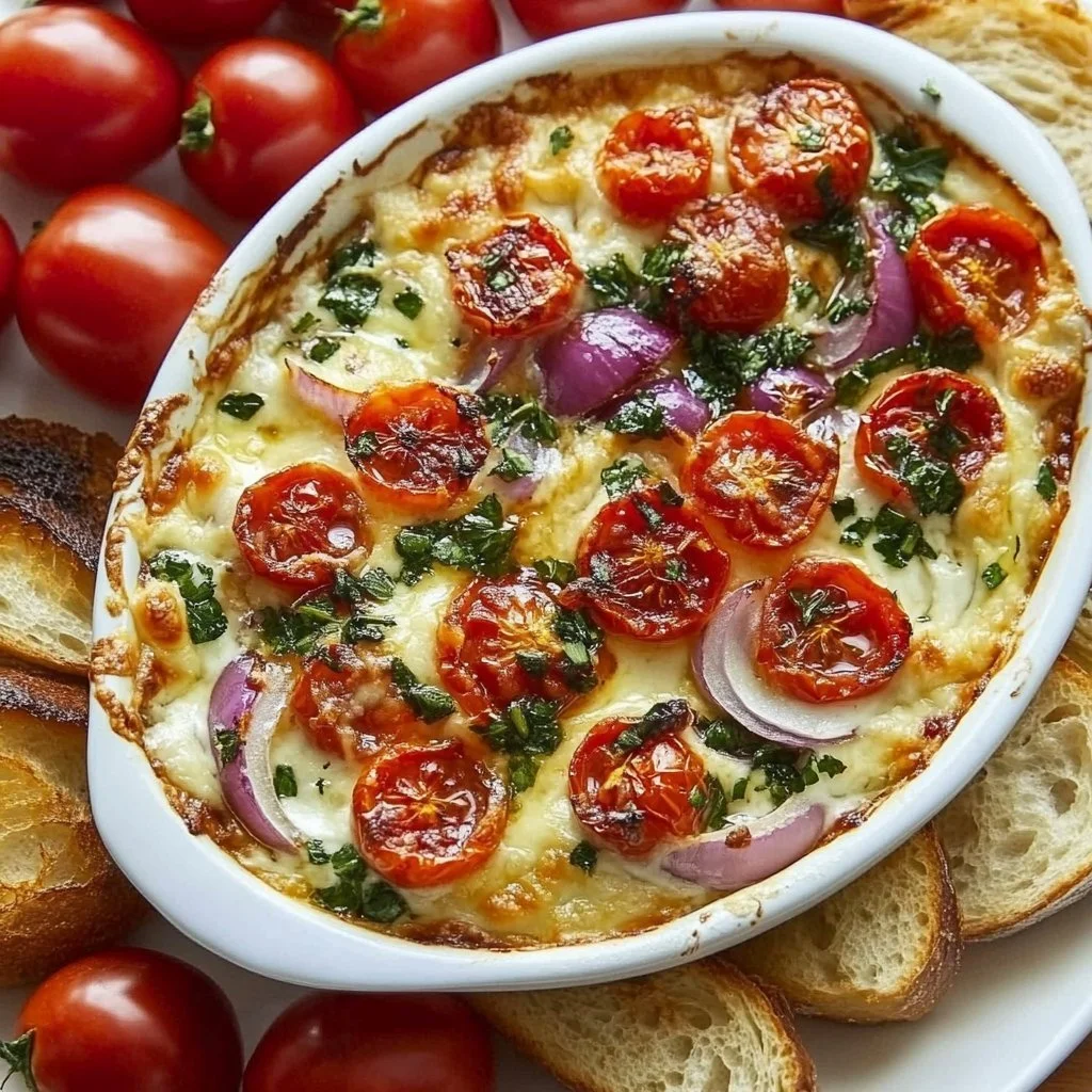 Crispy Baked Bruschetta Dip served in a dish with fresh ingredients