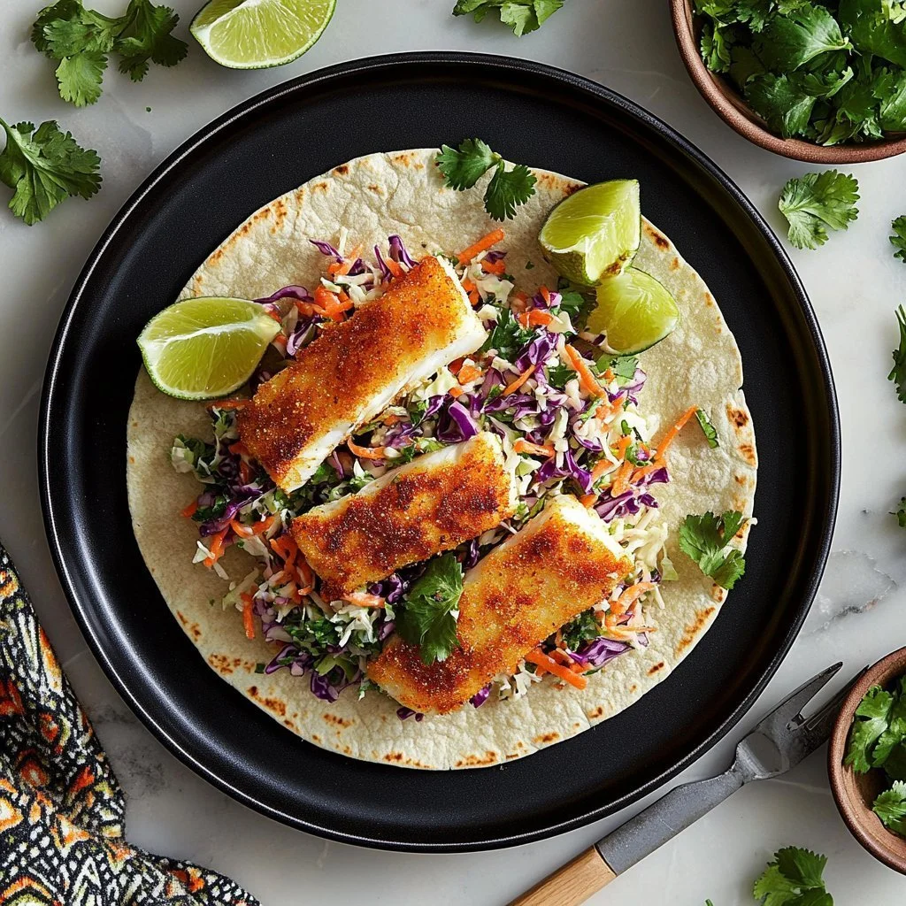 Delicious crispy fish tacos served with colorful slaw on a plate.