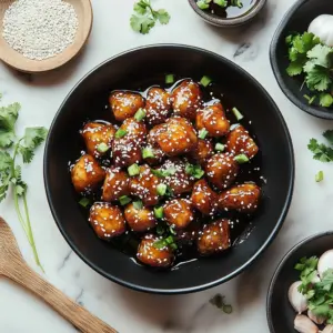 Plate of crispy honey garlic chicken garnished with green onions and sesame seeds