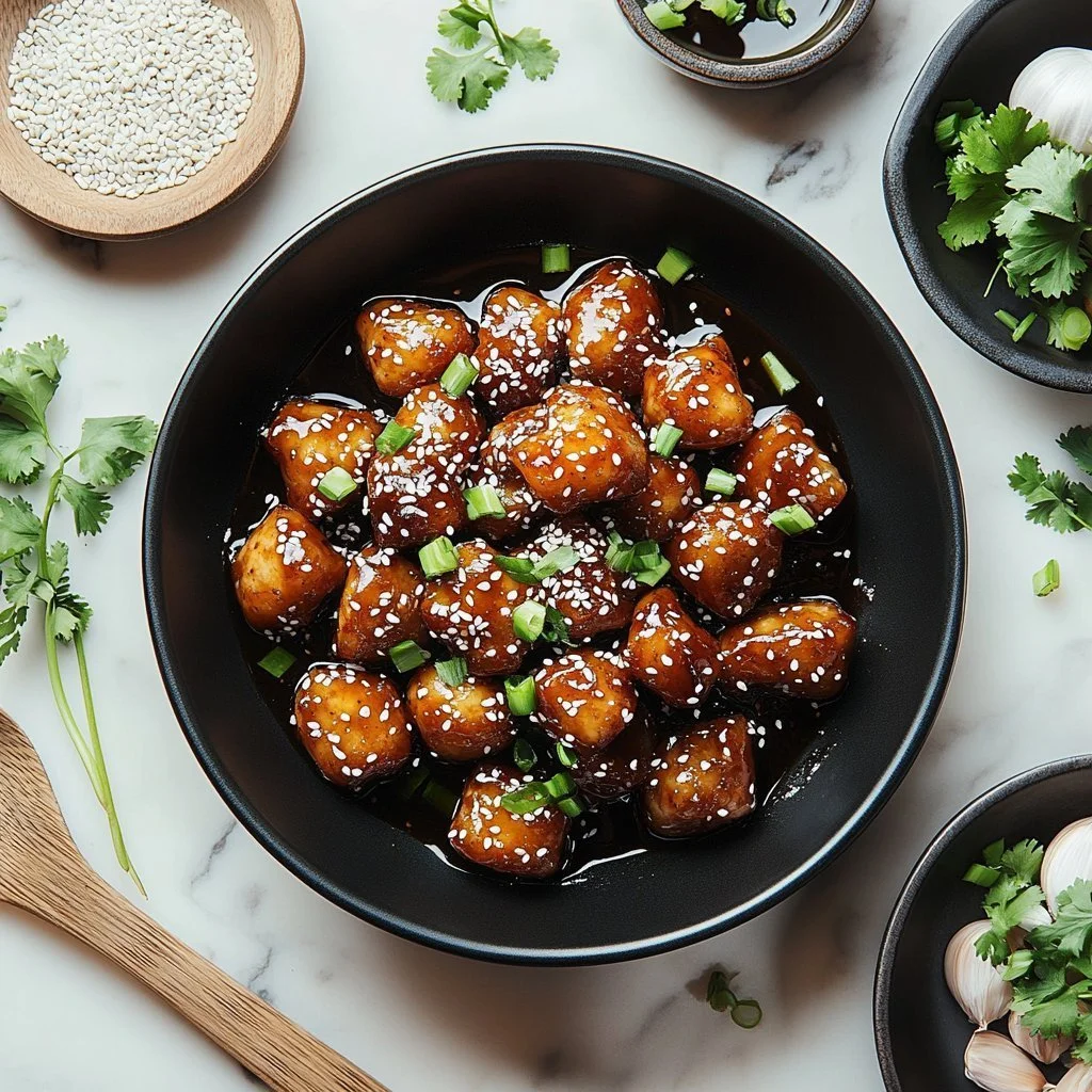 Plate of crispy honey garlic chicken garnished with green onions and sesame seeds