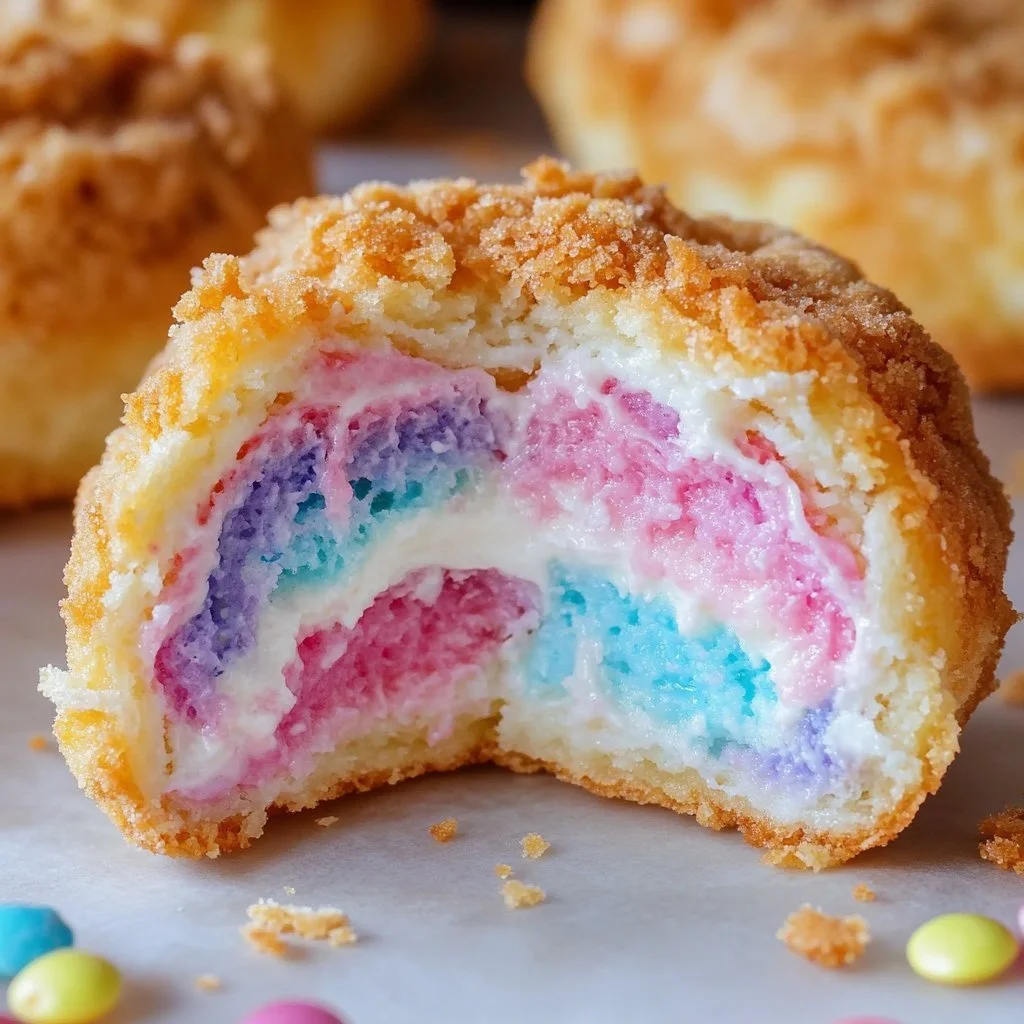 Crunchy cotton candy cheesecake bites, a sweet and colorful dessert treat