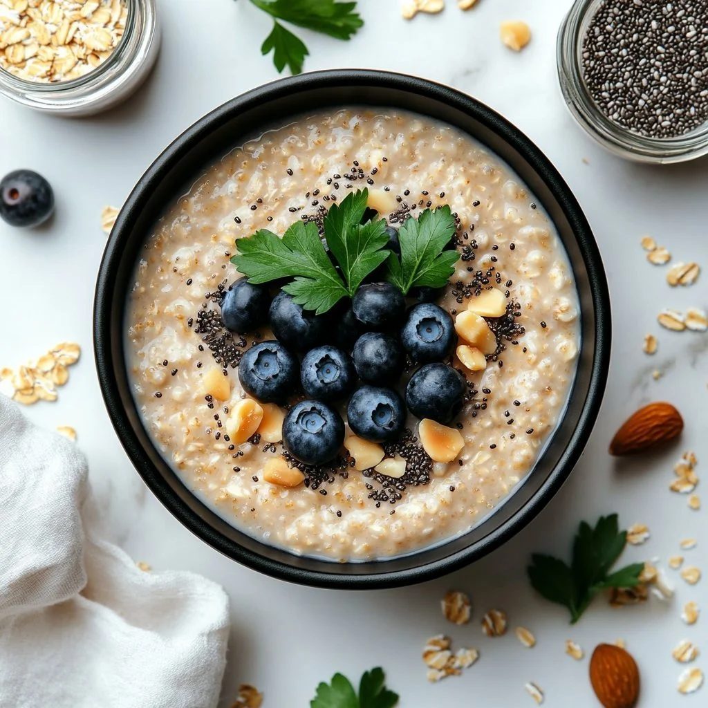 Bowl of creamy Dairy-Free Overnight Oats topped with fresh fruits and nuts