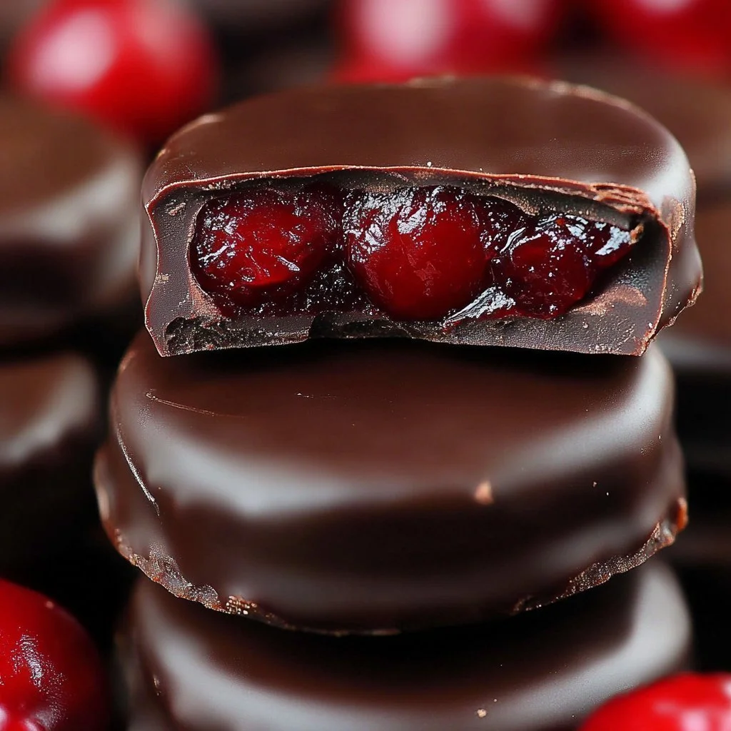 Delicious dark chocolate-covered cranberry sauce bites on a plate