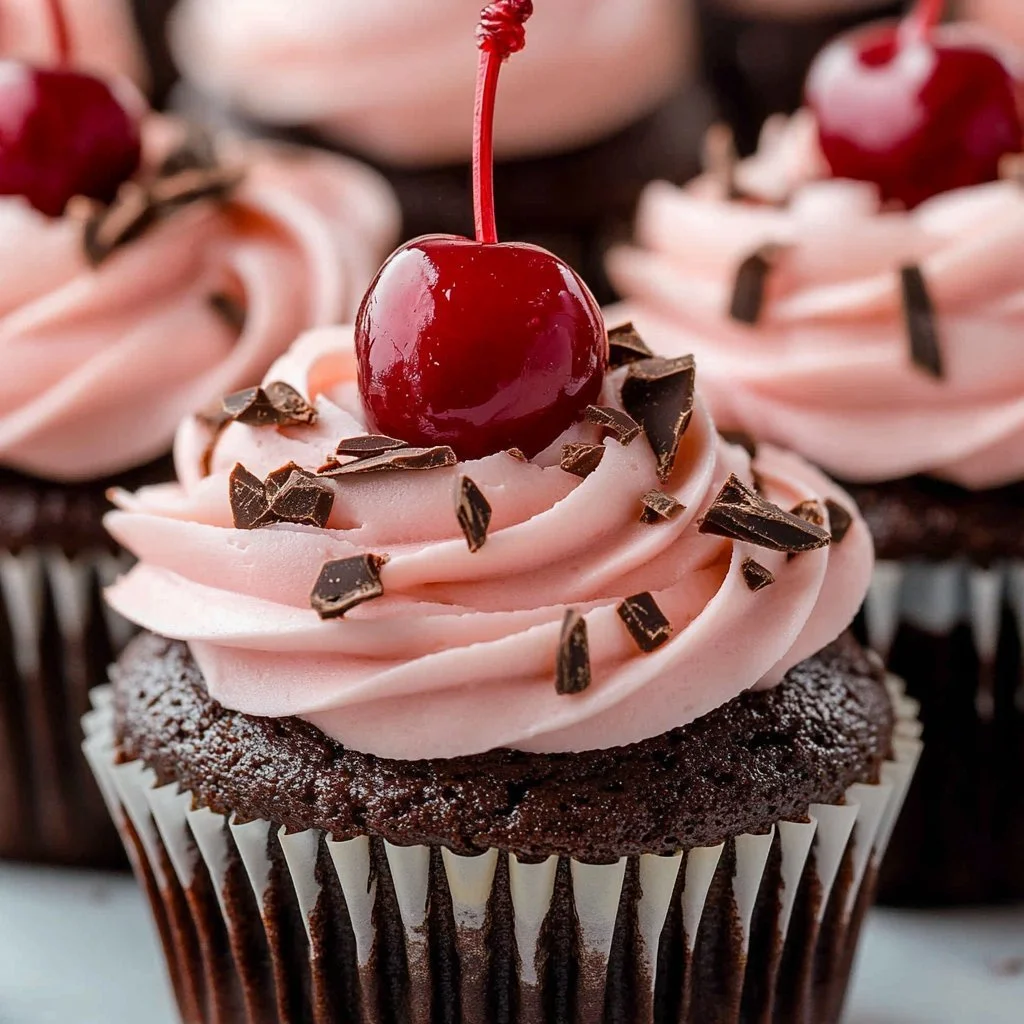 Decadent cherry chocolate cupcakes topped with creamy frosting and cherries.