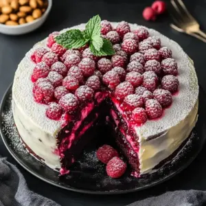Dreamy white chocolate raspberry cake with rich frosting and fresh raspberries