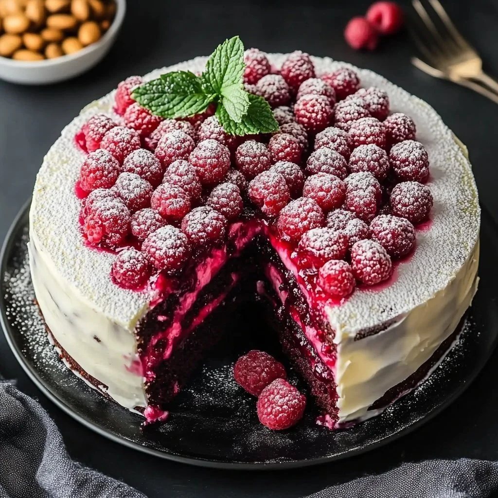 Dreamy white chocolate raspberry cake with rich frosting and fresh raspberries
