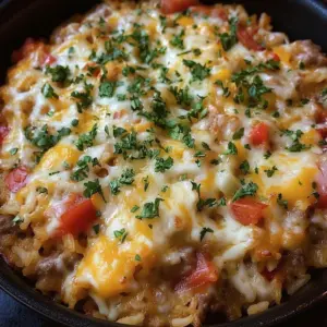 Easy unstuffed pepper skillet with vibrant peppers and seasoned beef