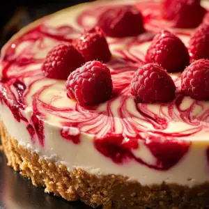 Elegant white chocolate raspberry cheesecake garnished with fresh raspberries