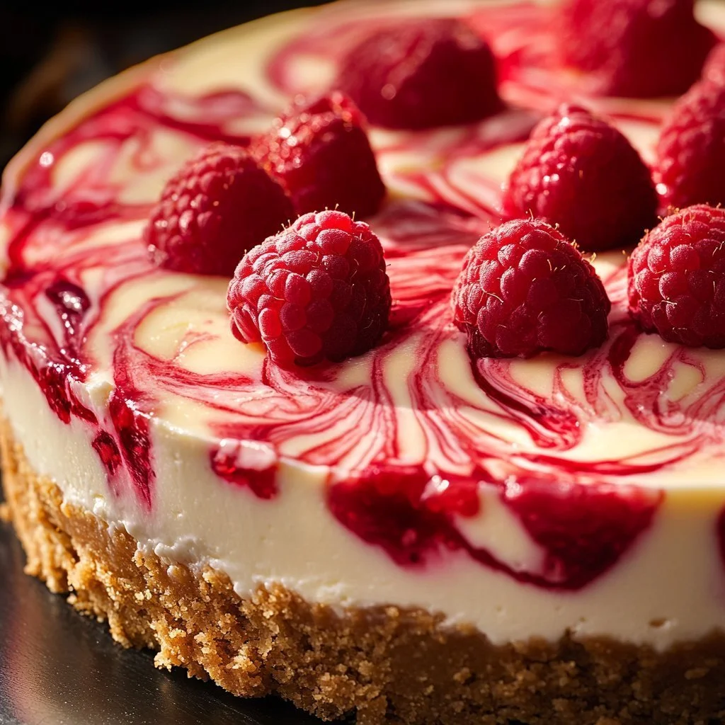 Elegant white chocolate raspberry cheesecake garnished with fresh raspberries