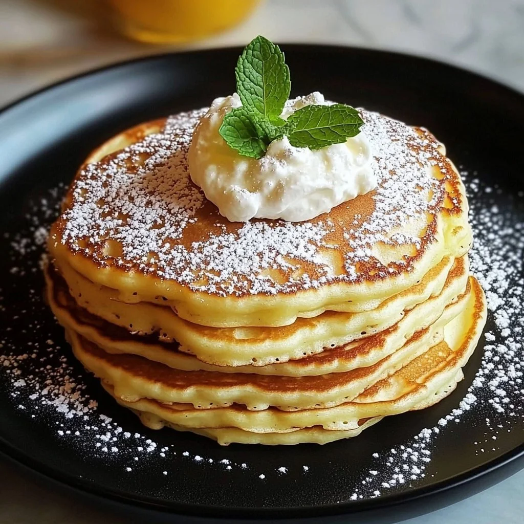 Fluffy cottage cheese pancakes served with syrup and fruit on a plate.