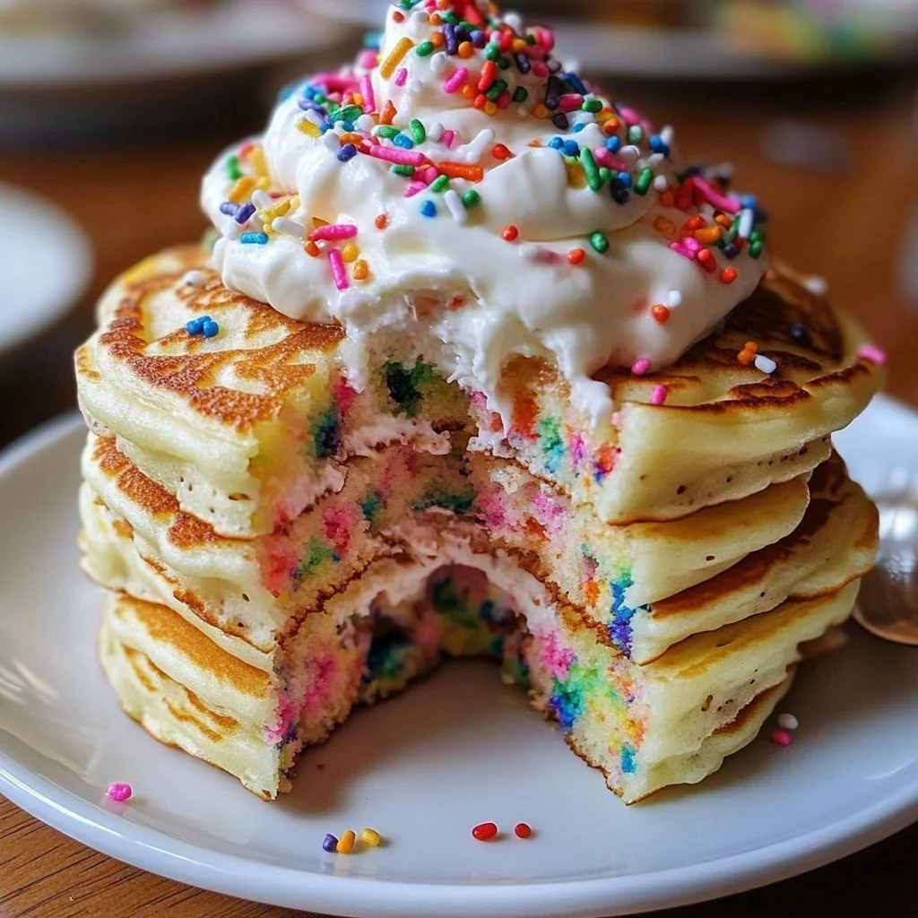 Fluffy rainbow confetti pancakes topped with whipped cream and sprinkles