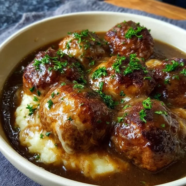 French onion beef meatballs topped with Gruyère cheese in a savory sauce