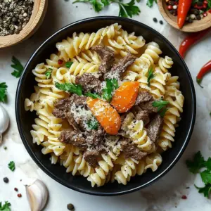 Delicious Garlic Beef Pasta dish garnished with parsley