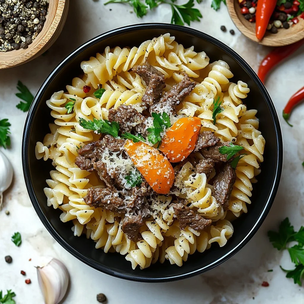 Delicious Garlic Beef Pasta dish garnished with parsley
