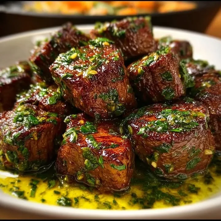 Garlic Butter Beef Skillet with herbs, showcasing tender beef and garlic butter sauce.