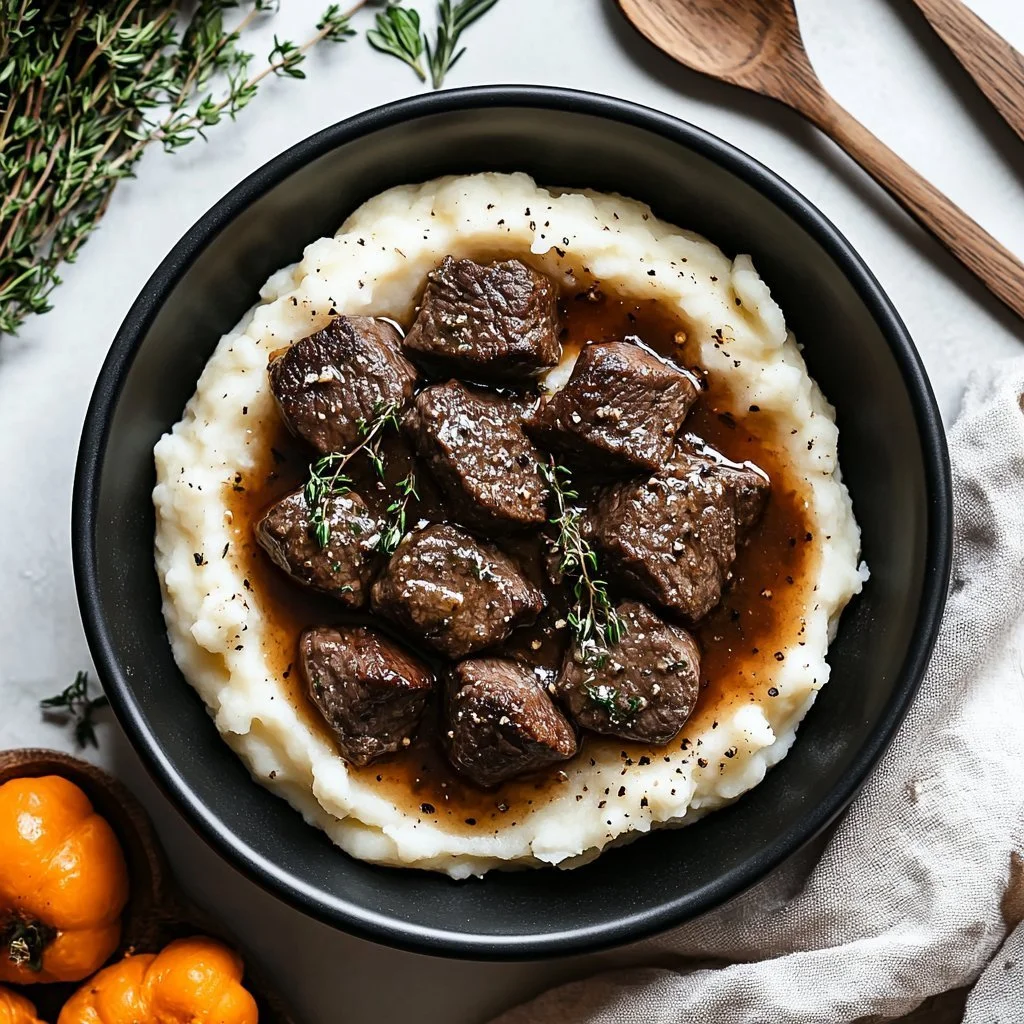 Delicious garlic butter steak bites with creamy mashed potatoes