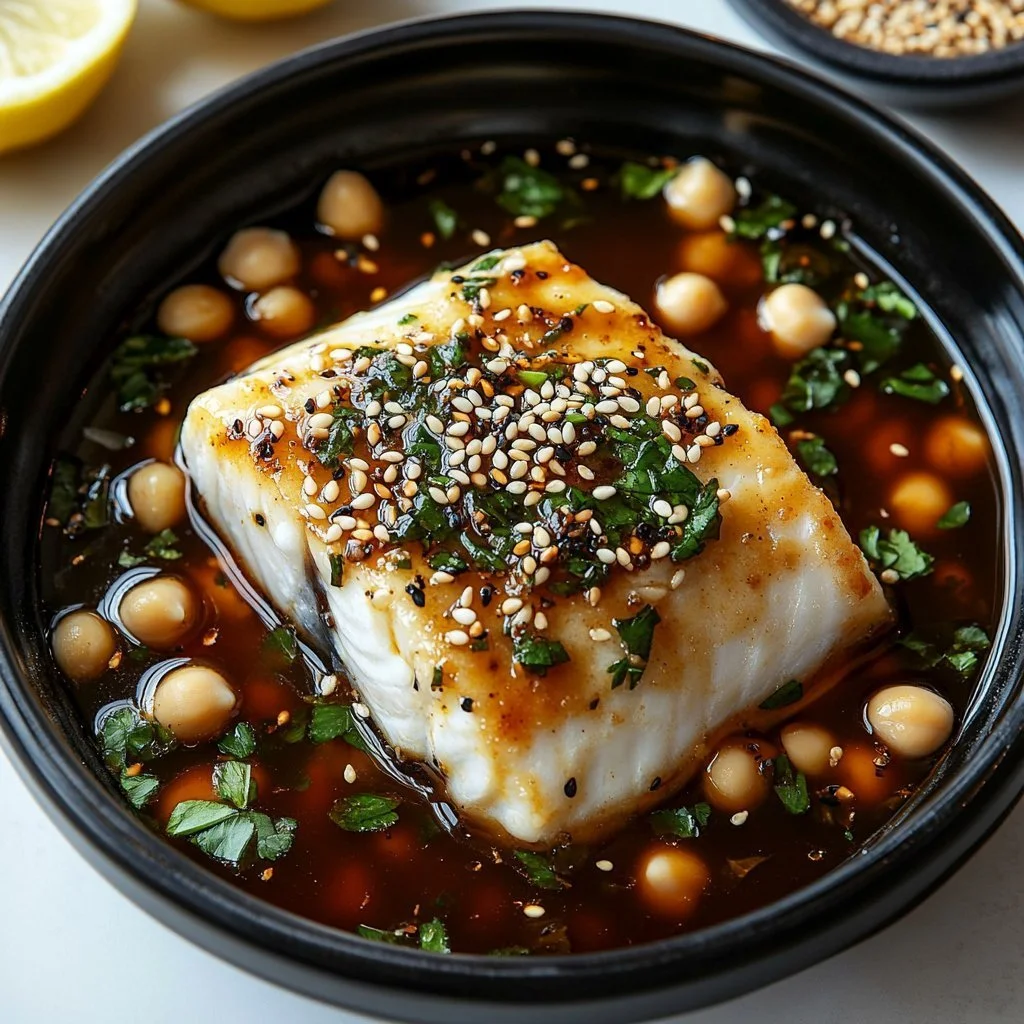 Ginger-Glazed Cod with Soy served on a plate garnished with herbs.