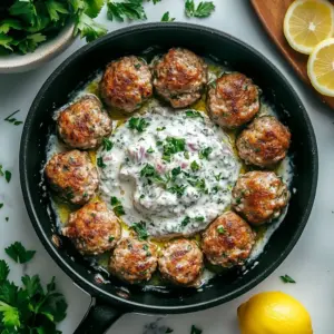 Greek Style Turkey Balls served with Tzatziki sauce on a plate
