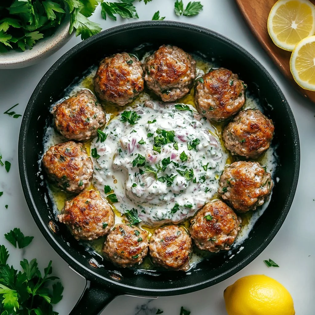 Greek Style Turkey Balls served with Tzatziki sauce on a plate