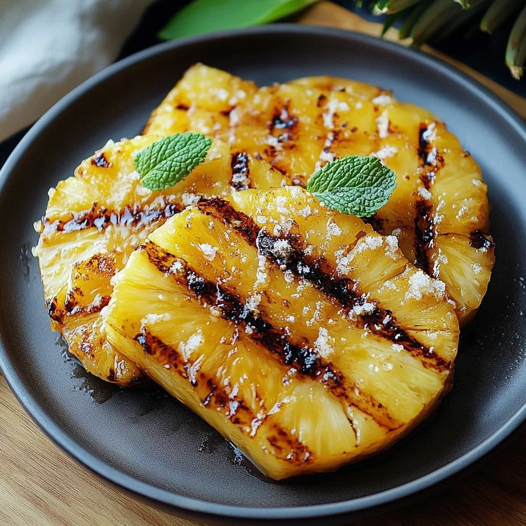 Grilled pineapple slices topped with delicious caramel sauce