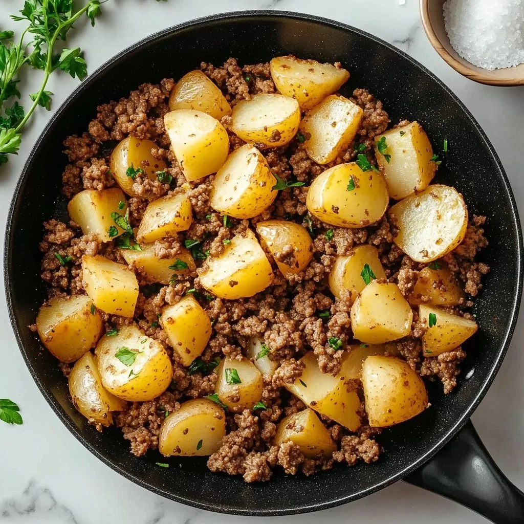 Ground beef cooked with potatoes in a flavorful dish.