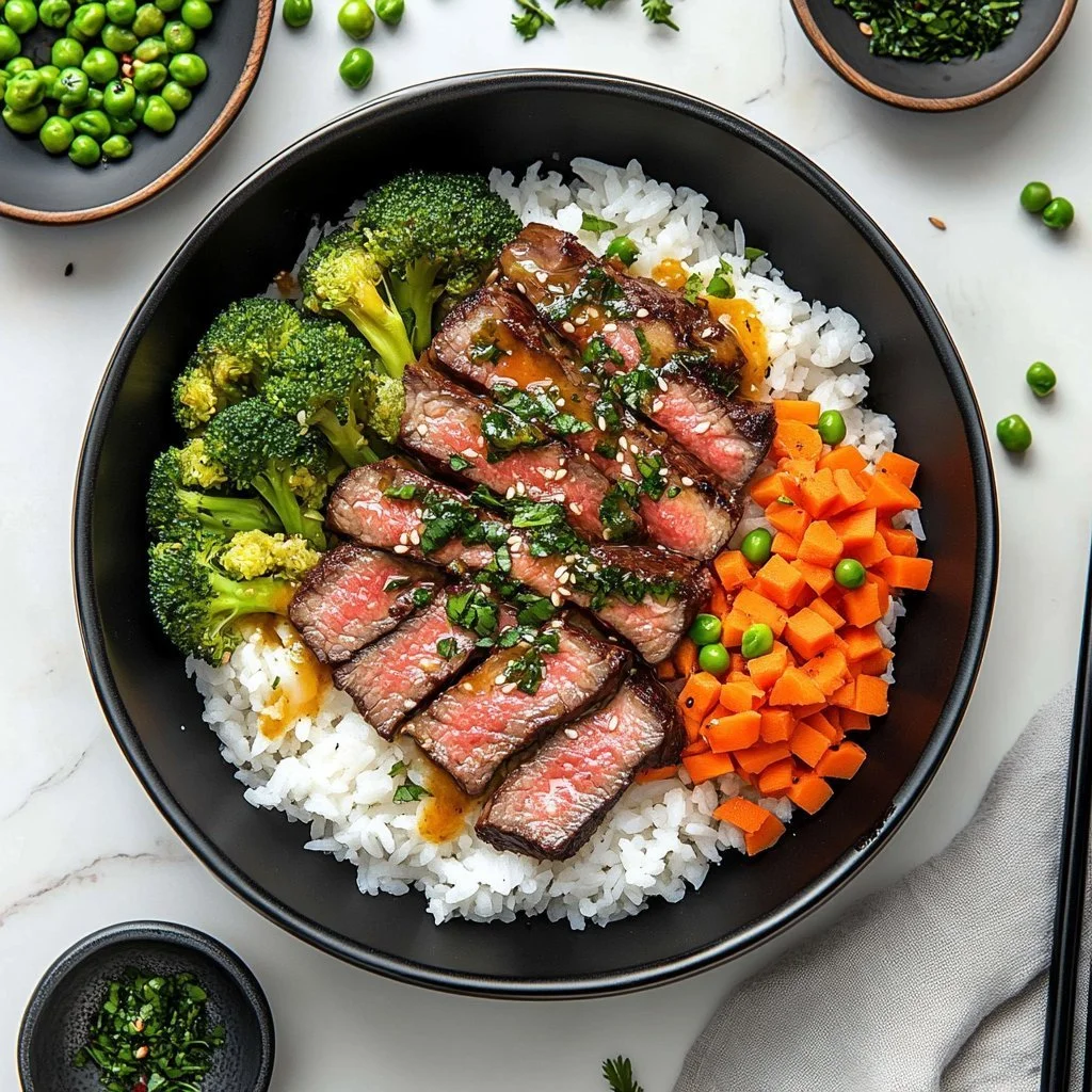 Delicious hearty steak and rice bowls garnished with fresh vegetables