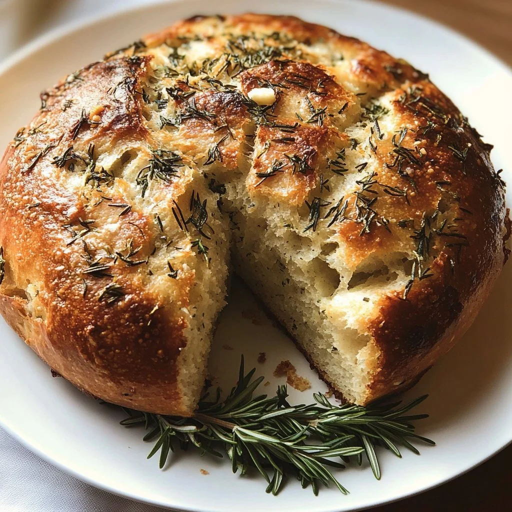 Freshly baked herb-infused crockpot bread displayed on a rustic table.