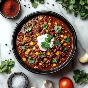 Bowl of homemade chili garnished with herbs and served with bread