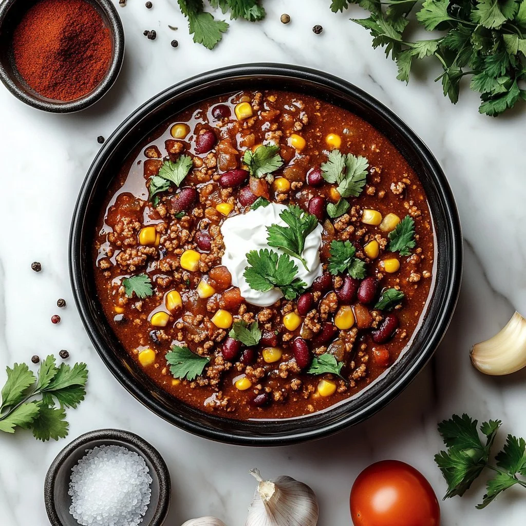 Bowl of homemade chili garnished with herbs and served with bread