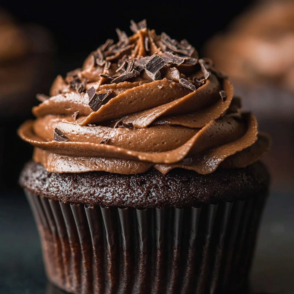 Decadent dark chocolate cupcakes topped with rich frosting