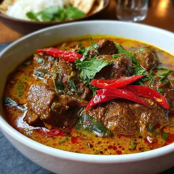 Delicious Kerala Coconut Beef Curry with tender beef cooked in coconut milk
