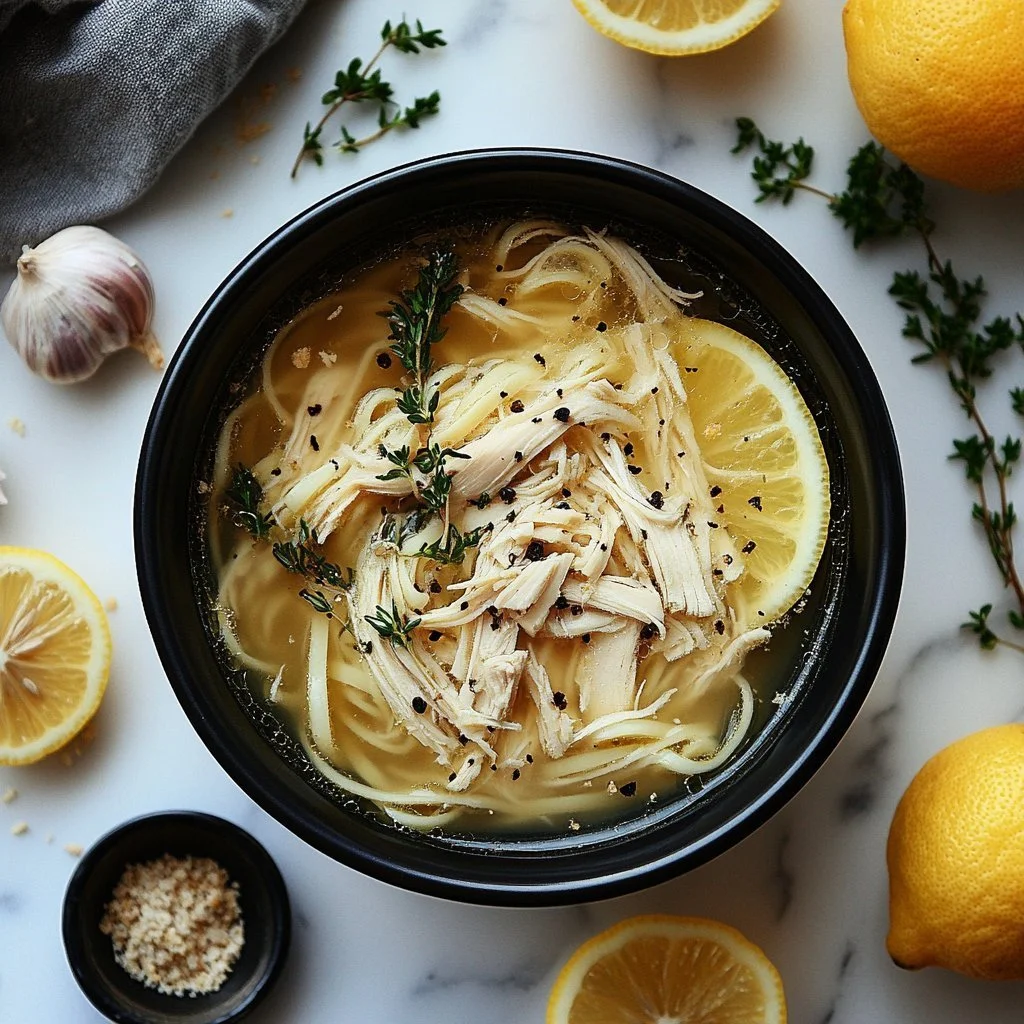 Bowl of Lemon Chicken Greek Soup garnished with fresh herbs