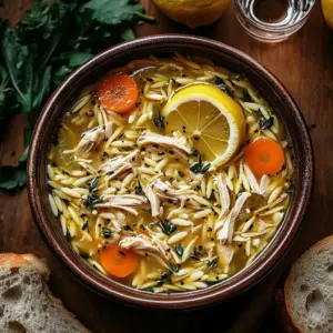 Delicious bowl of Lemon Chicken with Orzo Soup garnished with herbs.