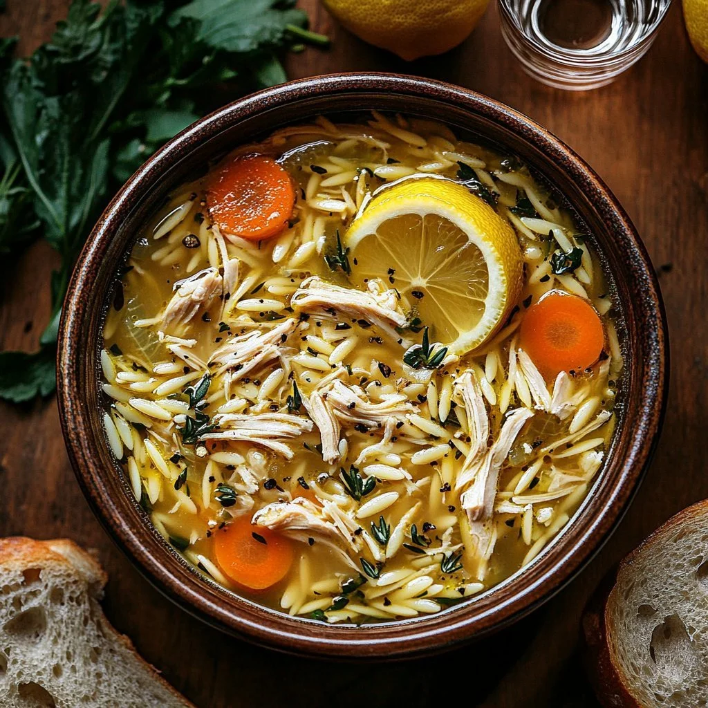 Delicious bowl of Lemon Chicken with Orzo Soup garnished with herbs.