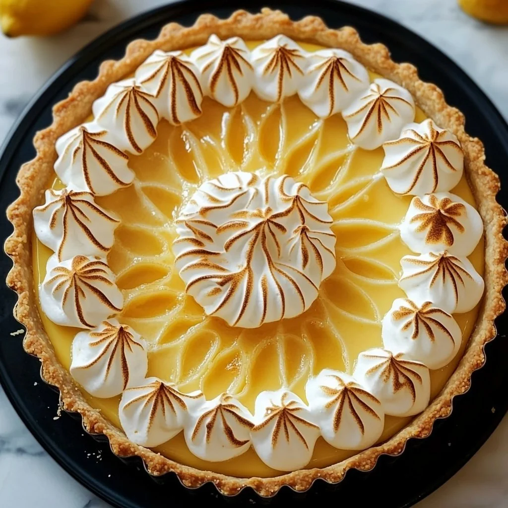 Lemon Meringue Triple Cheesecake topped with fluffy meringue and lemon zest.