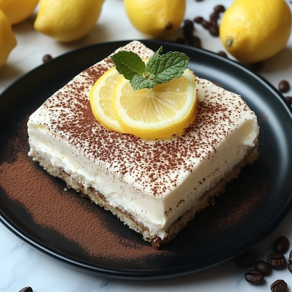 Delicious limoncello infused tiramisu dessert with layers of mascarpone cheese and coffee