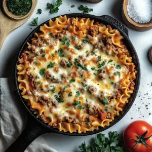 Lombardi Style Beef Casserole topped with cheese and herbs in a baking dish