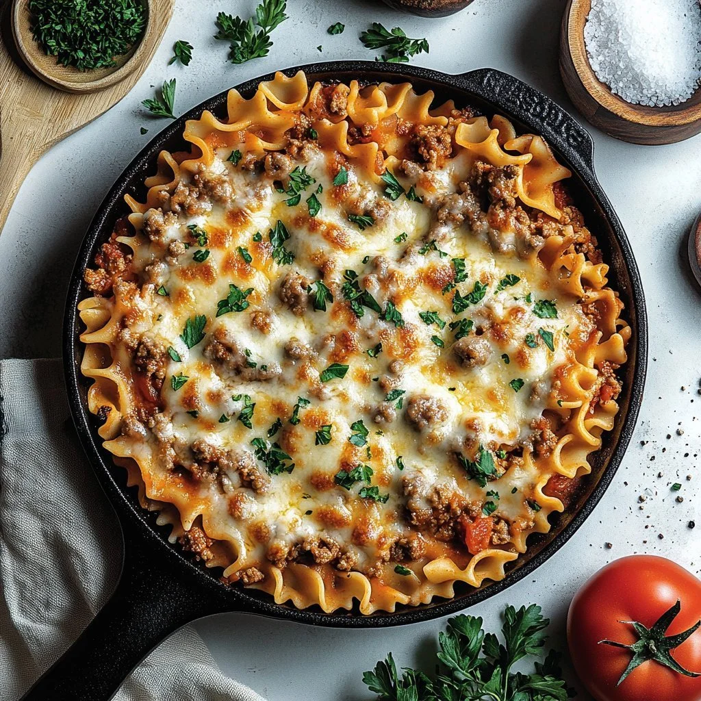 Lombardi Style Beef Casserole topped with cheese and herbs in a baking dish