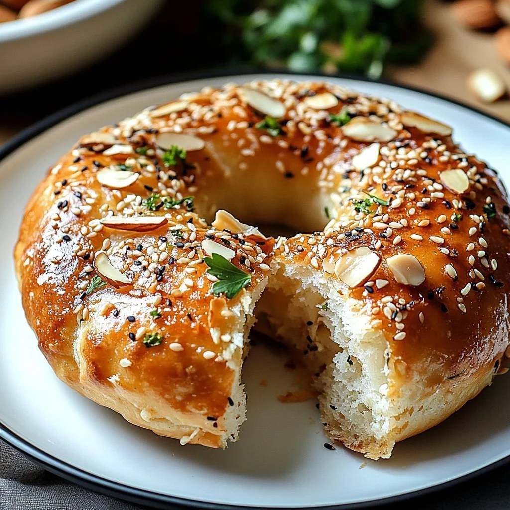 Low-carb almond flour bagel fresh out of the oven with toppings.