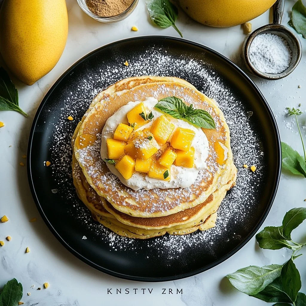 Fluffy mango pancakes topped with fresh mango slices and syrup